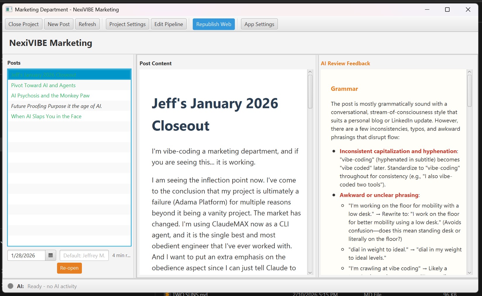 Marketing Department application showing a multi-platform publishing pipeline with AI-transformed content for LinkedIn, Twitter, Instagram, and more